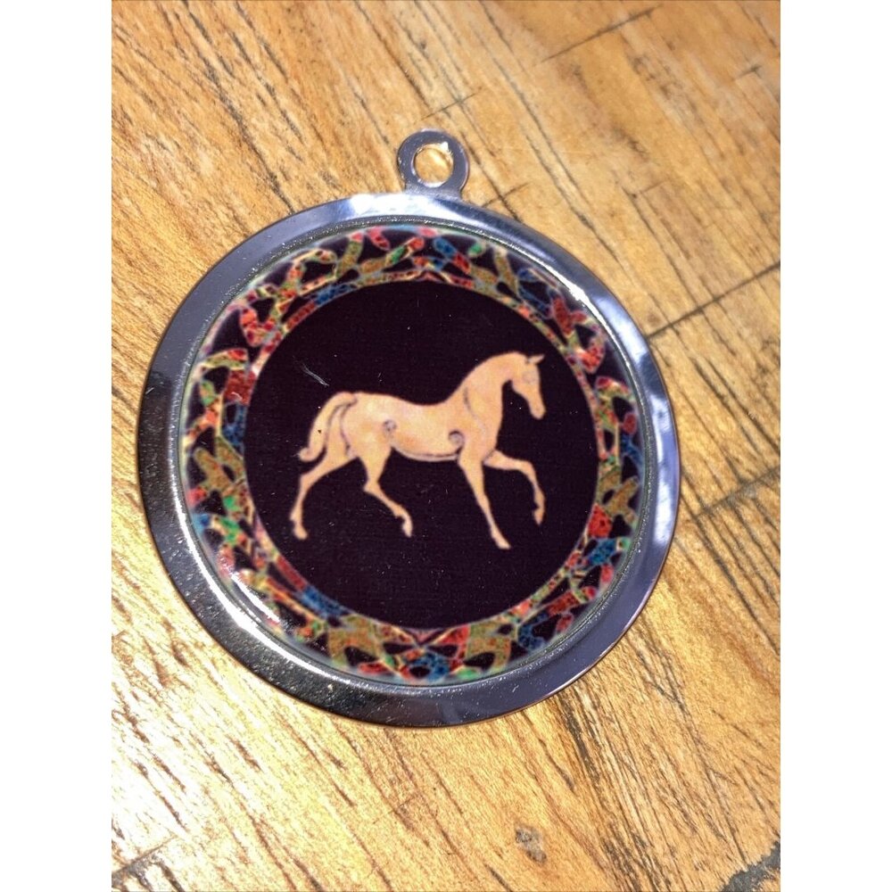 Horse Pendant Polished Pewter Resin Equestrian Jewelry Artisan Signed Y2K VTG